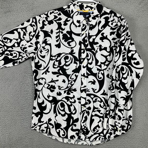 Tommy Hilfiger Button Up Shirt Adult XL Black White Geometric Floral Pocket Mens